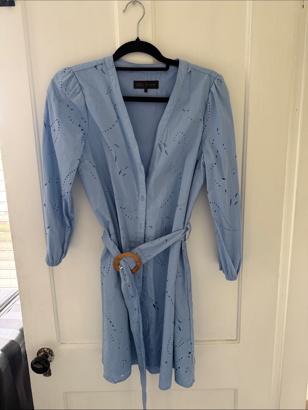 Zara Pale Blue Eyelet Belted Midi Dress